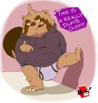  2020 anthro booki_(character) brown_body brown_fur bulge canid canine clothing el_booki english_text fur hi_res hoodie male mammal overweight overweight_male raccoon_dog solo tanuki text topwear underwear 