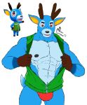  abs animal_crossing anthro bam_(animal_crossing) blue_body blue_fur bulge cervid clothed clothing freckles fur gloves_(marking) green_clothing hi_res horn jacket male mammal markings muscular muscular_anthro muscular_male nintendo nipples pecs red_clothing red_underwear simple_background solo steven_ciervyena topwear underwear video_games white_background 