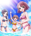  3girls bikini black_eyes black_hair blue_bikini blue_sky bracelet breasts brown_eyes brown_hair cleavage cloud commentary_request day futa-futa graphite_(medium) hair_ornament hair_over_shoulder hairclip hanadera_nodoka healin&#039;_good_precure highres hiramitsu_hinata jewelry lens_flare long_hair looking_at_viewer medium_breasts multiple_girls outdoors pink_bikini precure sawaizumi_chiyu short_hair side-tie_bikini sky small_breasts smile striped striped_bikini swimsuit traditional_media twintails water yellow_bikini 