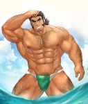  1boy abs bara beard black_hair blonde_hair blush body_hair briefs bulge chest chest_hair cloud cloudy_sky facial_hair full_body hairy highres leg_hair looking_at_viewer male_focus manly multicolored_hair muscle nipples pectorals sideburns sky solo streaked_hair thick_eyebrows thick_thighs thighs tokyo_houkago_summoners underwear water wet xiaojishangtian yamasachihiko_(tokyo_houkago_summoners) 