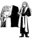  2girls bang_dream! bang_dream!_it's_mygo!!!!! closed_mouth cross cross_necklace expressionless greyscale highres hood hood_up jewelry kiss kissing_cheek long_hair long_sleeves misumi_uika monochrome multiple_girls necklace nun pankoryo priest smile togawa_sakiko two_side_up yuri 