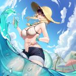 1girl :d absurdres air_bubble animal_ears arknights bangs bare_arms bare_shoulders beach_umbrella bikini blonde_hair blue_sky blue_umbrella braid breasts bubble cloud cowboy_shot cup day drinking_glass drinking_straw guangsupaomian hair_between_eyes hat highres holding holding_cup innertube large_breasts long_hair looking_at_viewer navel open_fly open_mouth outdoors palm_tree pink_umbrella purple_eyes short_shorts shorts single_braid sky smile solo standing stomach striped striped_bikini sun_hat swimsuit thighs tree umbrella utage_(arknights) vertical-striped_bikini vertical_stripes wading water 