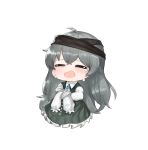  1girl =_= ahoge bangs blush chibi closed_eyes collared_dress crying dokomon dress eyebrows_visible_through_hair facing_viewer frilled_dress frilled_sleeves frills full_body g11_(girls_frontline) girls_frontline green_dress grey_hair hair_between_eyes highres long_hair long_sleeves open_mouth simple_background sleeveless sleeveless_dress sleeves_past_fingers sleeves_past_wrists solo tears tied_sleeves very_long_hair wavy_mouth white_background 