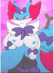  accessory anthro big_breasts blush bow_tie bra braixen breasts canid canine clothing delta-eon female fox genitals groping_breasts hair_accessory hair_bow hair_ribbon looking_at_viewer mammal nintendo nipples panties pillarbox pok&eacute;mon pok&eacute;mon_(species) pussy ribbons solo text underwear undressing video_games 