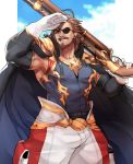  1boy alex_(cerealex) armor baggy_pants bara beard brown_eyes brown_hair bulge chest cloud cloudy_sky eugen_(granblue_fantasy) eyepatch facial_hair granblue_fantasy highres long_hair male_focus manly muscle mustache over_shoulder pants pectorals sky smile solo weapon weapon_over_shoulder 