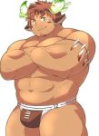 1boy abs animal_ears bangs bara briefs brown_hair chest crossed_arms facial_hair glowing_horns horns looking_at_viewer male_focus male_underwear manly muscle pectorals rugby shirtless short_hair sho~bu smile solo thick_eyebrows thick_thighs thighs tokyo_houkago_summoners underwear upper_body wakan_tanka 