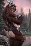  2020 anthro arm_tuft backpack blue_antlers brown_body brown_fur butt calf_tuft camera capreoline cervid chunie detailed_background digital_media_(artwork) elbow_tufts fingers forest fur hi_res holding_camera holding_object hooved_fingers leg_tuft looking_at_viewer looking_back male mammal marsh_deer muscular muscular_male nude outside rear_view red_eyes solo spots tree tuft water westt white_body white_butt white_fur white_spots 