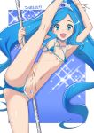  1girl :d arm_up armpits bikini blue_bikini blue_eyes blue_hair breasts commentary_request cure_fontaine eyebrows_visible_through_hair hair_ornament healin&#039;_good_precure heart heart_hair_ornament highres leg_up long_hair looking_at_viewer micro_bikini miyagoe_yoshitsuki navel open_mouth ponytail precure sawaizumi_chiyu small_breasts smile solo stomach swimsuit 