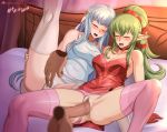  1boy 2girls bed blue_dress blue_hair breasts cleavage closed_eyes disembodied_limb disembodied_penis dress fire_emblem fire_emblem:_the_blazing_blade fire_emblem_awakening green_hair highres long_hair multiple_girls ninian_(fire_emblem) open_mouth panties penis pink_panties pointy_ears ponytail red_dress red_legwear sex spread_legs thighhighs tiki_(fire_emblem) underwear vaginal vilde_loh_hocen watermark web_address white_legwear white_panties 