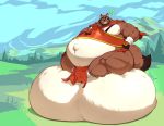  2020 absurd_res anthro armor balls belly big_balls big_belly brown_body brown_fur canid canine cape clothing dai_(a-side) dawmino forest fur genitals grin hi_res huge_balls hyper hyper_balls hyper_genitalia loincloth male mammal mountain musclegut muscular navel outie_navel overweight overweight_anthro raccoon_dog smile solo tanuki tree white_body white_fur 