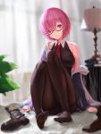  1girl bare_shoulders black_dress black_legwear breasts commentary dress eyes_visible_through_hair fate/grand_order fate_(series) feet fur-trimmed_legwear fur_trim glasses hair_over_one_eye jacket lavender_hair looking_at_viewer mash_kyrielight necktie pantyhose purple_eyes purple_hair sansan_(dongfangzhong111) shoes shoes_removed short_hair sitting 