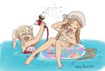  2girls :d ^_^ abigail_williams_(fate/grand_order) abigail_williams_(swimsuit_foreigner)_(fate) arm_up arms_up asaya_minoru bangs bare_arms bare_legs bare_shoulders barefoot bikini bonnet bow brown_hair casual_one-piece_swimsuit closed_eyes eyebrows_visible_through_hair fate/grand_order fate_(series) hair_between_eyes hair_bow hand_up holding hose hose_nozzle illyasviel_von_einzbern illyasviel_von_einzbern_(swimsuit_archer)_(fate) innertube light_brown_hair long_hair magical_ruby multiple_girls one-piece_swimsuit open_mouth parted_bangs partially_submerged red_swimsuit smile strapless strapless_bikini swimsuit twintails twitter_username upper_teeth very_long_hair water white_background white_bikini white_bow white_headwear 