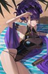  1girl absurdres armlet bangs bare_shoulders black_swimsuit breasts covered_navel fate/grand_order fate_(series) flower hair_flower hair_ornament hair_up highleg highleg_swimsuit highres hood_(james_x) large_breasts long_hair looking_at_viewer murasaki_shikibu_(fate) murasaki_shikibu_(swimsuit_rider)_(fate) one-piece_swimsuit purple_eyes purple_hair shawl smile swimsuit thighs tied_hair 