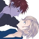  2boys blonde_hair blue_eyes eye_contact face-to-face facial_scar glalda highres kurda_smahlt looking_at_another lying multiple_boys purple_skin red_eyes red_hair scar scar_on_cheek short_hair the_saga_of_darren_shan yaoi 