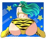  animal_print ass back bikini blue_eyes body_blush from_behind green_hair horns kouda_tomohiro long_hair looking_at_viewer looking_back lum oni oni_horns pointy_ears sidelocks sitting smile star_(symbol) strapless strapless_bikini swimsuit tiger_print twitter_username urusei_yatsura wariza 