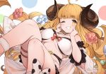  1girl ahoge anila_(granblue_fantasy) bangs bikini blonde_hair blunt_bangs blush bow breasts cleavage detached_sleeves draph eyebrows_visible_through_hair flower granblue_fantasy grin hair_flower hair_ornament highres horns iwao_(pixiv258710) large_breasts long_hair looking_at_viewer navel one_eye_closed polka_dot polka_dot_bow ribbon-trimmed_bikini ribbon-trimmed_sleeves ribbon_trim sheep_horns short_eyebrows simple_background skindentation smile solo swimsuit thick_eyebrows thigh_strap very_long_hair white_background white_bikini yellow_eyes 