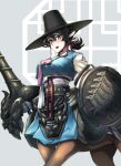  1girl absurdres animal_ears armor bangs belt black_belt black_hair black_headwear blush breasts centaur chain commentary_request cowboy_shot darros eyebrows_visible_through_hair gauntlets grey_background hair_between_eyes hair_ribbon hanbok hat highres holding holding_lance holding_polearm holding_shield holding_weapon horse_ears korean_clothes korean_commentary lance large_breasts long_sleeves looking_at_viewer monster_girl multiple_legs open_mouth original pink_ribbon pointy_ears polearm ponytail ribbon sarashi shield short_ponytail sidelocks simple_background solo standing thick_eyebrows top_hat traditional_clothes weapon white_ribbon yellow_eyes 