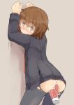  1girl against_wall anal ass blush brown_eyes brown_hair censored dildo double_penetration enjaku_izuku from_behind highres kantai_collection looking_at_viewer pantyhose sex_toy short_hair smile solo standing sweat torn_clothes torn_legwear vaginal wakaba_(kancolle) 