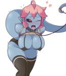  &lt;3 absurd_res ahoge anthro bagelbombed big_breasts black_sclera blue_body blue_skin blush bodily_fluids bound breasts clothed clothing collar eyebrows female glistening glistening_body glistening_skin hair hi_res humanoid humanoid_pointy_ears legwear open_mouth pink_eyes pink_hair rope rope_bondage short_hair simple_background sweat sweatdrop thick_thighs thigh_highs tongue white_background 
