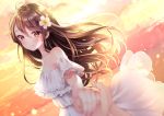  1girl blush brown_eyes brown_hair closed_mouth cloud dress flower hair_flower hair_ornament holding_hands long_hair looking_at_viewer off-shoulder_dress off_shoulder original outdoors outstretched_arm sky smile solo sundress sunlight white_dress yugirlpict 