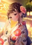  1girl :o adjusting_hair blush brown_eyes brown_hair flower hair_bun hair_flower hair_ornament hair_up hand_in_hair hand_up head_tilt highres japanese_clothes kimono medium_hair open_mouth original solo summer_festival tied_hair yugirlpict yukata 