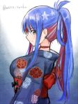  1girl alternate_hairstyle black_kimono blue_background blue_hair breasts commentary_request floral_print gradient gradient_background japanese_clothes kantai_collection kimono large_breasts long_hair multicolored_hair ponytail profile red_hair solo south_dakota_(kantai_collection) star_(symbol) twitter_username upper_body white_background white_hair wss_(nicoseiga19993411) yukata 