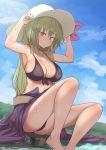  1girl arms_up bare_arms bare_legs bare_shoulders barefoot belt bikini black_bikini blonde_hair blue_sky breasts cleavage closed_mouth commentary_request day hat highres isemori large_breasts light_smile long_hair looking_at_viewer outdoors purple_skirt red_eyes sitting skirt sky solo summer sun_hat swimsuit touhou watatsuki_no_toyohime wet white_headwear 