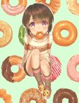  1boy blush brown_hair doughnut eyebrows_visible_through_hair food food_in_mouth highres looking_at_viewer male_focus mouth_hold original purple_eyes shoes short_shorts shorts sitting sneakers takanoberii 