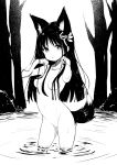  1girl :o animal_ear_fluff animal_ears bangs blush breasts collarbone eyebrows_visible_through_hair flower fox_ears fox_girl fox_tail hair_censor hair_flower hair_ornament hair_over_breasts hairclip hands_up highres long_hair looking_at_viewer medium_breasts monochrome nude original parted_bangs parted_lips solo standing tail tenjou_ryuka tree very_long_hair wading water white_background 