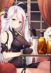  1girl alcohol alternate_costume antenna_hair azur_lane bangs bare_shoulders black_dress black_gloves bottle bow breasts dress gemini_(feng) gloves hair_between_eyes indoors iron_cross large_breasts long_hair looking_at_viewer mole mole_on_breast multicolored_bow multicolored_hair prinz_eugen_(azur_lane) prinz_eugen_(cordial_cornflower)_(azur_lane) red_hair shoulder_cutout silver_hair simple_background smile solo streaked_hair swept_bangs two_side_up underboob_cutout very_long_hair whiskey yellow_eyes 