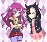  asymmetrical_bangs asymmetrical_hair bangs black_choker black_jacket black_shirt blue_eyes choker dress gen_8_pokemon highres jacket kirishima_romin kiriu-nagi long_hair mary_(pokemon) medium_hair morpeko pink_dress pokemon pokemon_(game) pokemon_swsh shiny shiny_hair shirt undercut yuu-gi-ou yuu-gi-ou_sevens 