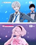  1boy 1girl android blue_eyes blue_neckwear dinikee idol microphone nier_(series) nier_automata no_blindfold pink_neckwear white_hair yorha_no._2_type_b yorha_no._9_type_s 