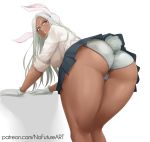  1girl animal_ears ass bent_over boku_no_hero_academia breasts bunny_tail dark_skin gloves highres large_breasts lips long_hair mirko nofuture panties patreon_username pink_eyes pleated_skirt presenting rabbit_girl school_uniform skirt sleeves_rolled_up tail thick_thighs thighs u.a._school_uniform underwear white_background white_gloves white_hair white_panties 