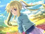  1girl backlighting bangs blonde_hair blue_shirt blue_sky blurry blurry_background cloud cloudy_sky commentary day depth_of_field dutch_angle fate_testarossa field flower flower_field from_behind hair_ribbon jacket kashima_fumi long_sleeves looking_at_viewer looking_back lyrical_nanoha mahou_shoujo_lyrical_nanoha miniskirt open_mouth outdoors petals pink_skirt pleated_skirt red_eyes ribbon shirt skirt sky smile solo standing twintails white_jacket white_ribbon wind 