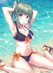  1girl adjusting_hair armpits bare_arms bare_legs bare_shoulders barefoot bikini black_bikini blush breasts brown_eyes cleavage collarbone dated eyebrows_visible_through_hair green_hair groin kabocha_torute kantai_collection long_hair looking_at_viewer mouth_hold navel ocean ponytail sandals sitting small_breasts solo swimsuit toes twitter_username wariza water wet yuubari_(kantai_collection) 