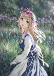  1girl apron blonde_hair blue_eyes blurry braid depth_of_field flower grass hair_flower hair_ornament happy long_hair long_sleeves looking_at_viewer open_mouth original outdoors pointy_ears solo sunako_(veera) twin_braids twitter_username 