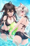  2girls :d absurdres ahoge animal_ear_fluff animal_ears ass ball bare_shoulders beachball bell bikini black_bikini black_choker black_hair black_shorts breasts cat_ears choker cleavage day denim denim_shorts fang fangs floppy_ears from_behind hair_between_eyes hair_over_one_eye halterneck hasumi_(hasubatake39) highres holding huge_filesize jingle_bell large_breasts leaning_forward long_hair looking_at_viewer micro_shorts multiple_girls open_mouth original outdoors pink_eyes short_hair short_shorts shorts smile string_bikini striped striped_bikini swimsuit thighs wading water yellow_eyes 