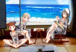  3girls aki_(girls_und_panzer) alternate_costume aquaegg bangs barefoot bath_yukata beach between_legs blonde_hair blunt_bangs blush breasts brown_hair chair cleavage cloud crossed_legs curtains dish girls_und_panzer green_eyes grin hand_between_legs hat highres horizon indoors instrument japanese_clothes kantele kimono large_breasts looking_at_viewer looking_away medium_breasts mika_(girls_und_panzer) mikko_(girls_und_panzer) multiple_girls music obi ocean one_eye_closed open_mouth playing_instrument sash short_hair short_twintails sitting sky small_breasts smile table tatami twintails two_side_up waves window wooden_floor yukata 