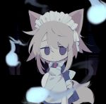  1girl animal_ears apron bangs black_background blonde_hair hitodama holding hrdrifter juliet_sleeves long_sleeves maid_apron maid_headdress puffy_sleeves purple_eyes red_ribbon ribbon short_hair sleeve_cuffs solo tail urotsuki window wolf_ears yume_2kki 