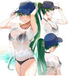  1girl absurdres asymmetrical_bangs bangs baseball_cap bikini black_bikini blue_headwear blush breasts earrings fire_emblem fire_emblem:_the_blazing_blade green_eyes green_hair hat high_ponytail highres jewelry large_breasts long_hair looking_at_viewer lyn_(fire_emblem) multiple_views ormille ponytail see-through shirt smile swimsuit thighs wading water wet wet_clothes wet_shirt wet_t-shirt white_background 
