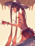  1girl alcohol ark_ford armlet bikini black_hair bracelet cup drinking_glass earrings fate/grand_order fate_(series) hat highres holding holding_cup jewelry long_hair looking_at_viewer looking_back pointy_ears sarong see-through semiramis_(fate) solo splashing sun_hat swimsuit very_long_hair water white_bikini white_headwear wine wine_glass yellow_eyes 