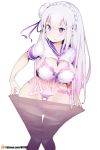  1girl between_breasts braid breasts embarrassed emilia_(re:zero) french_braid highres hot_vr lavender_hair long_hair medium_breasts necktie necktie_between_breasts panties pantyhose pantyhose_removed purple_eyes re:zero_kara_hajimeru_isekai_seikatsu school_uniform signature simple_background solo striped striped_panties thighs underwear white_background 