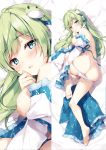  1girl bangs blue_eyes blush breasts eyebrows_visible_through_hair full_body green_hair hair_ornament highres kochiya_sanae long_hair looking_at_viewer miyase_mahiro panties shiny shiny_hair simple_background snake_hair_ornament solo touhou underwear white_panties 