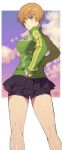  1girl bike_shorts blush brown_eyes brown_hair highres jacket looking_back murata_tefu persona persona_4 satonaka_chie school_uniform short_hair skirt solo 