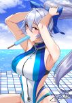  1girl absurdres adjusting_hair arms_up blue_bow blue_sky blue_swimsuit bow breasts cloud commentary_request day fate/grand_order fate_(series) food hair_between_eyes hair_bow highleg highleg_swimsuit highres large_breasts long_hair melting multicolored multicolored_clothes multicolored_swimsuit ocean one-piece_swimsuit popsicle red_eyes silver_hair sky solo swimsuit tomoe_gozen_(fate/grand_order) tomoe_gozen_(swimsuit_saber)_(fate) toro_zai very_long_hair white_swimsuit 