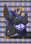  2020 abstract_background anthro areola avian big_breasts biped bird_feet black_body blue_eyes breasts claws empoleon fdokkaku female hi_res looking_at_viewer nintendo nude overweight overweight_anthro overweight_female pok&eacute;mon pok&eacute;mon_(species) pose solo standing thick_thighs video_games 
