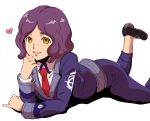  1boy danball_senki_wars heart lying male_focus mappy_(manhole_opener) necktie on_stomach open_mouth purple_hair school_uniform simple_background smile solo tachimori_koyomi white_background yellow_eyes 