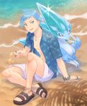  1boy alolan_form alolan_sandslash arm_support blue_eyes blue_hair bracelet commentary_request gen_7_pokemon highres holding holding_eyewear jewelry kikuyoshi_(tracco) looking_at_viewer necklace open_clothes open_mouth open_shirt pokemon pokemon_(creature) pokemon_(game) pokemon_masters ring sand sandals shiny shiny_hair shirt shore short_sleeves shorts smile sparkle sunglasses teeth toes tongue tsuwabuki_daigo water white_shorts 