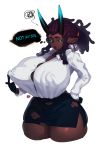  big_breasts bottomwear breasts cleavage clothed clothing dark_skin demon eigaka erect_nipples female hi_res horn horned_humanoid huge_breasts humanoid nipple_outline nipples not_furry skirt solo speech_bubble text thick_thighs torn_clothing wide_hips 