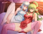  2girls bed blue_dress blue_hair breasts cleavage closed_mouth dress fire_emblem fire_emblem:_the_blazing_blade fire_emblem_awakening green_eyes green_hair highres long_hair multiple_girls ninian_(fire_emblem) panties pink_panties pointy_ears ponytail red_dress red_eyes red_legwear spread_legs thighhighs tiki_(fire_emblem) underwear vilde_loh_hocen watermark web_address white_legwear 